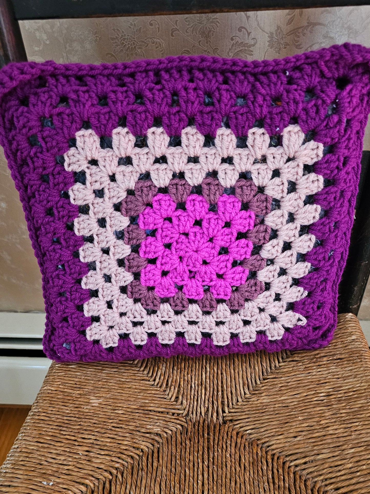 Small Crochet Pillow In Creams and Purples