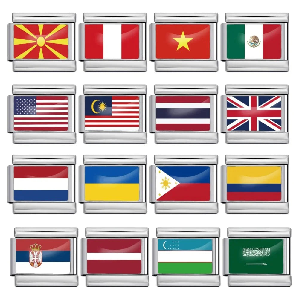 2025 New Classic World National Flags Italian Charm Link Fit 9mm Fashion Bracelet Stainless Steel for Women Men Jewelry DIY Gift