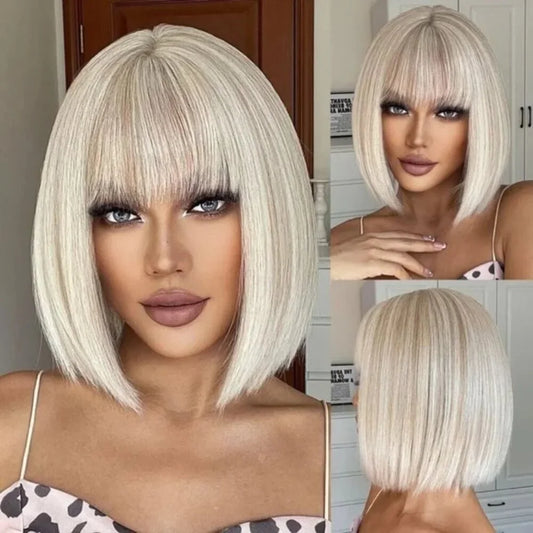 Short Bob Blonde Wig with Brown Highlights